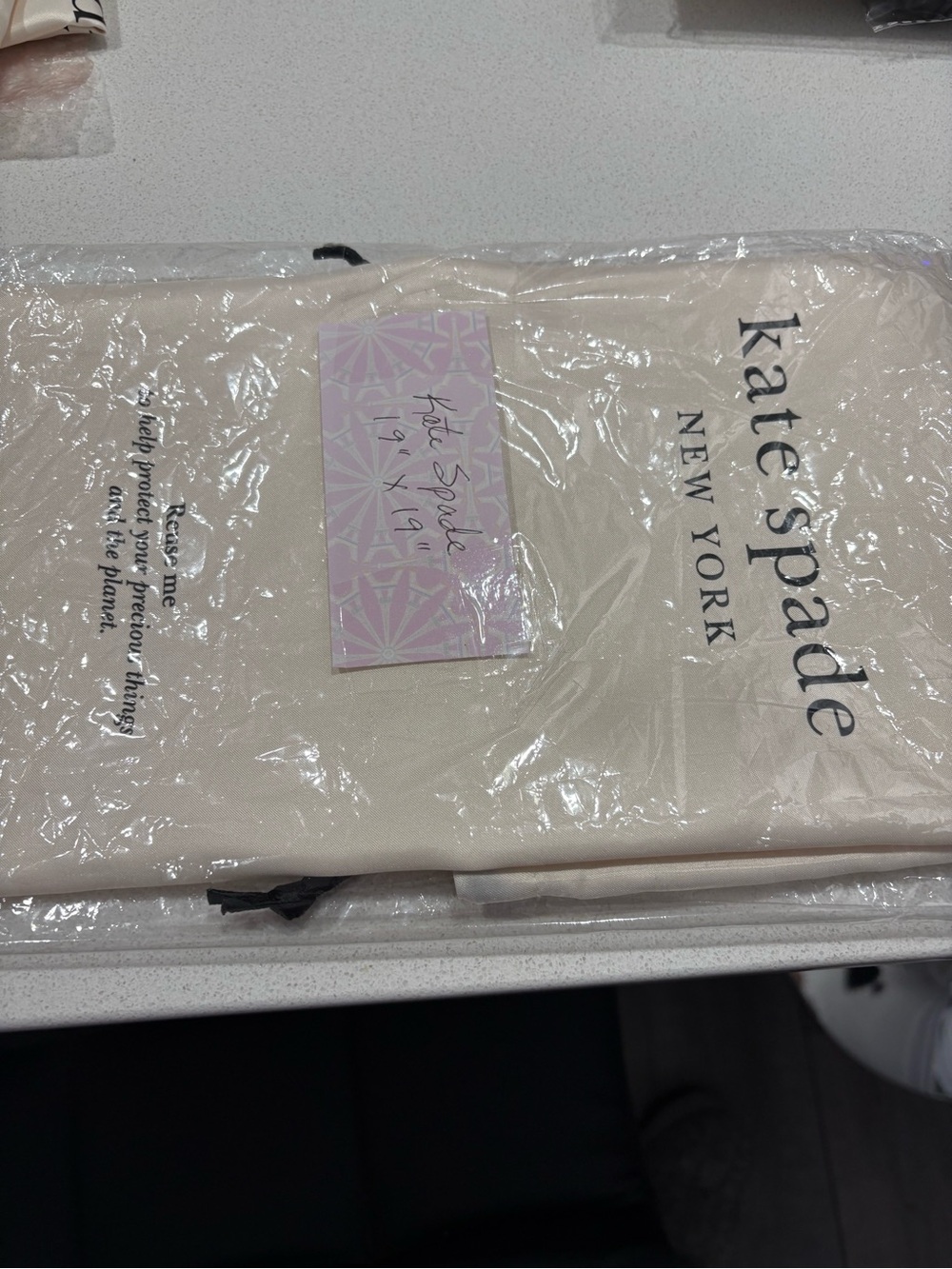 kate spade cream and black logo drawstring dust bag 19” X 19”